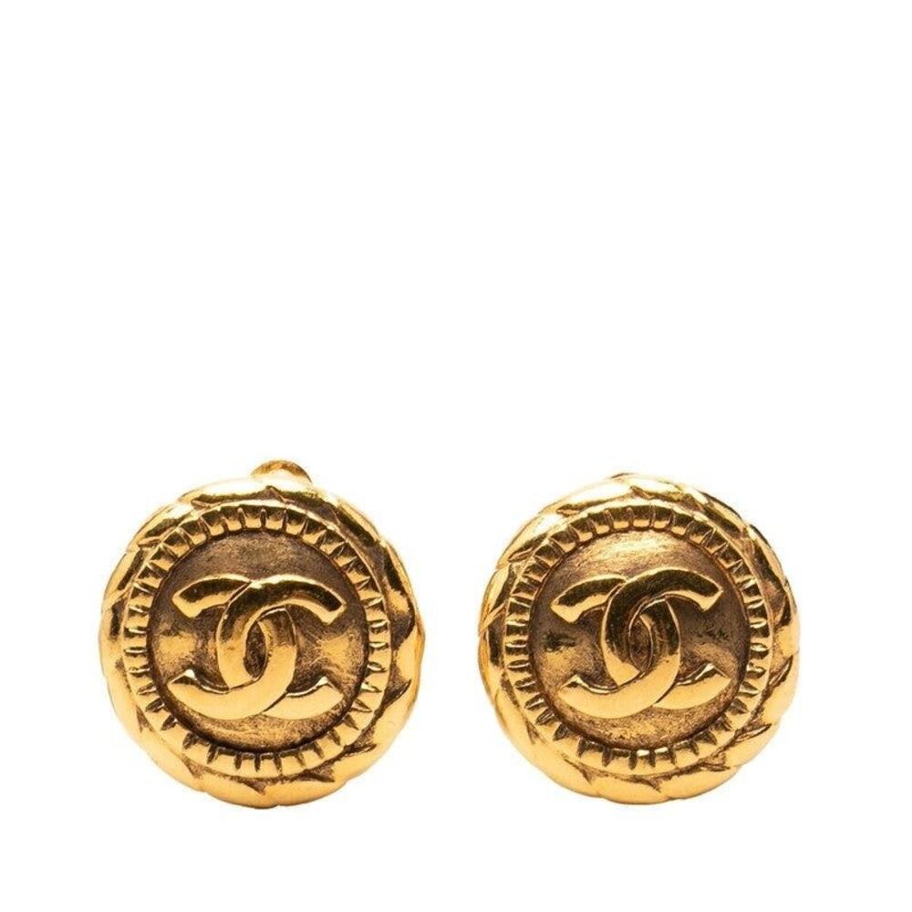 Chanel CC Logo Round Plated Earrings Gold